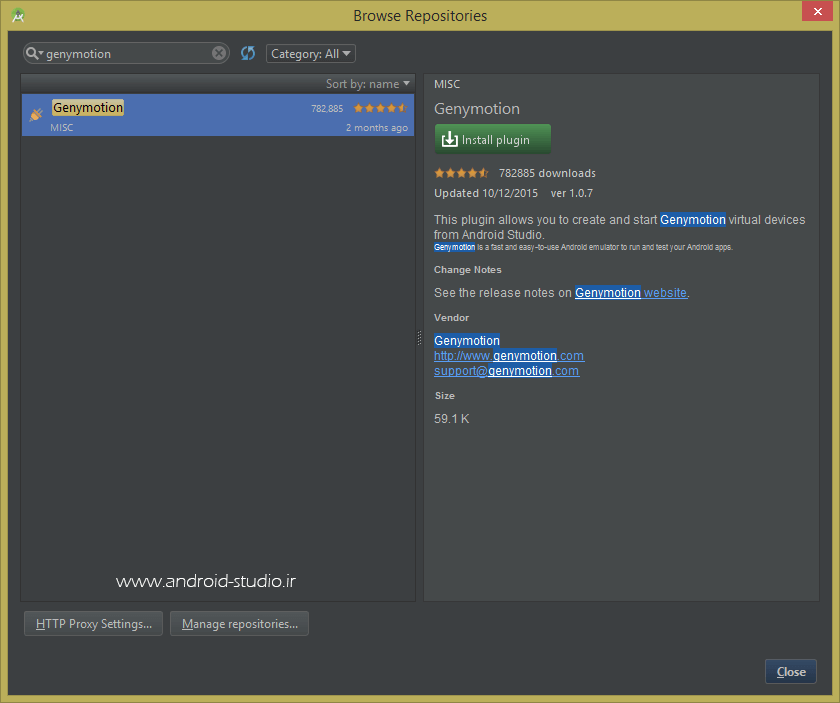 Install genymotion plugin on androidstudio