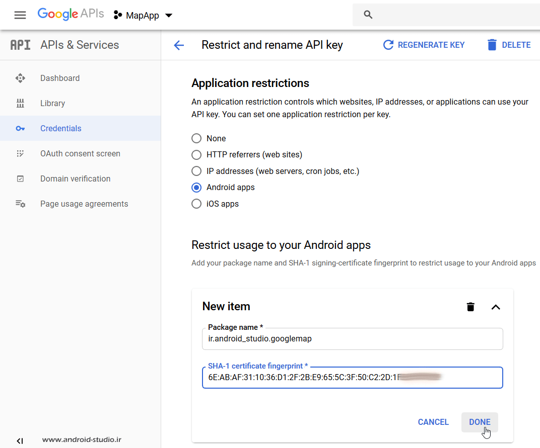 ثبت کد SHA-1 certificate fingerprint در کنسول دولوپر گوگل