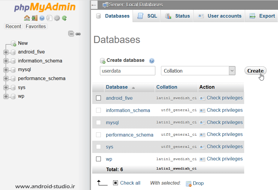 ساخت دیتابیس در phpMyAdmin