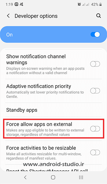 گزینه Force allow apps on external در Developer Options