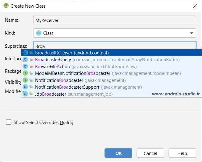 ساخت کلاس MyReceiver که از BroadcastReceiver مشتق شده