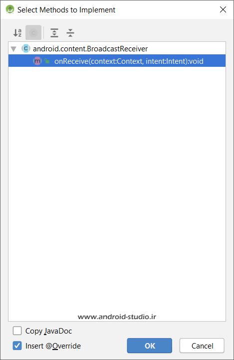 Override کردن متد onReceive برای گوش دادن به رویدادهای منتشر شده