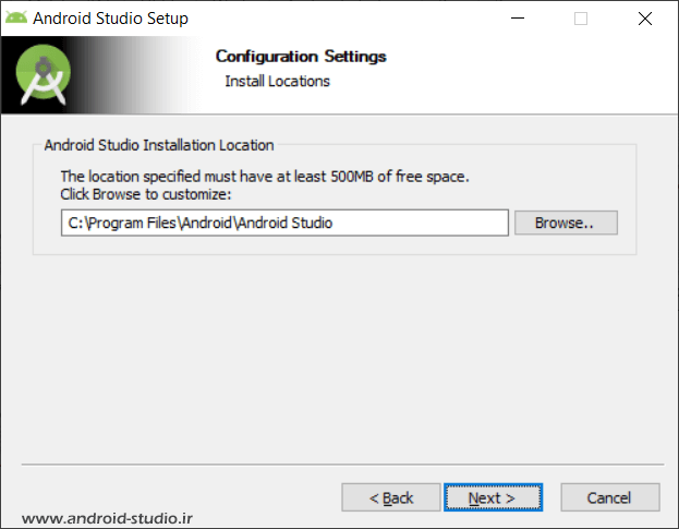 تعیین محل نصب Android Studio