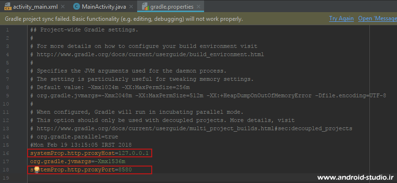 تنظیمات پروکسی در فایل gradle.properties