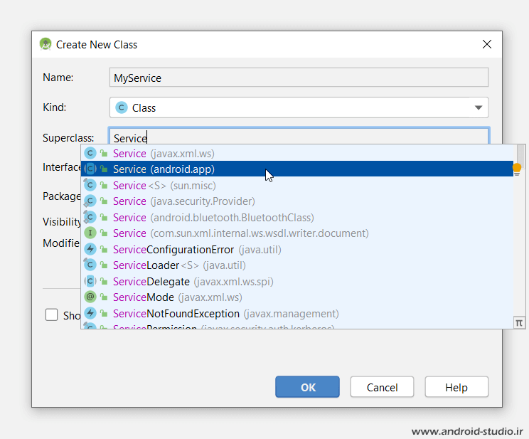 ساخت کلاس Service در پروژه اندرویدی در اندروید استودیو