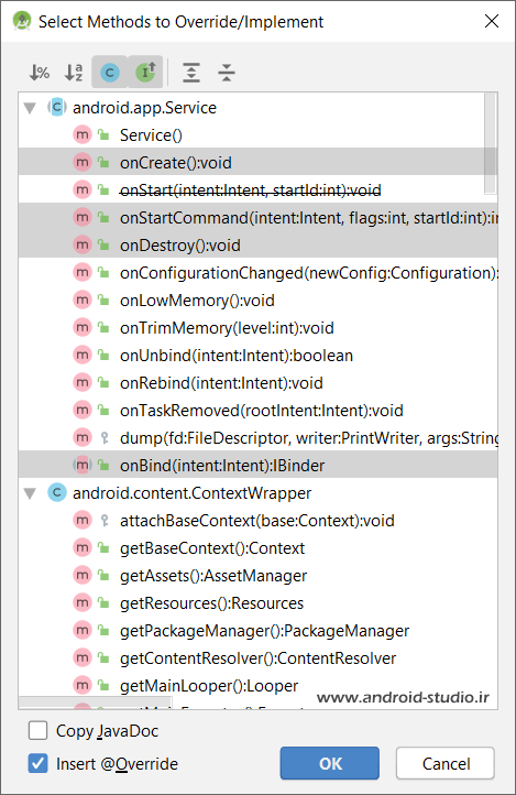 متدهای onCreate، onStartCommand، onDestroy و onBind کلاس Service اندروید