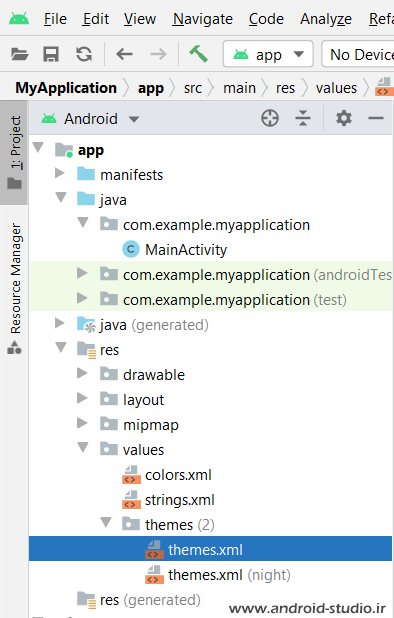 جایگزین شده themes.xml با styles.xml در نسخه جدید اندروید استودیو