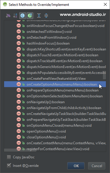 اضافه کردن متد onCreateOptionsMenu به اکتیویتی