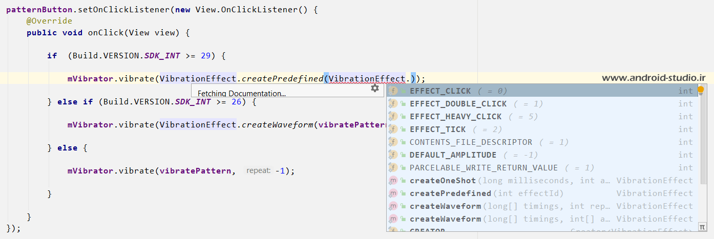 تعریف افکت‌های ویبره در اندروید 10 به بالا توسط VibrationEffect.createPredefined
